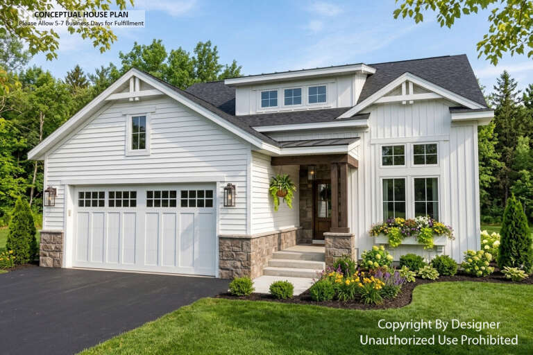 Angled front view of a white house in Modern Farmhouse style, stone accents, gabled roof, and lush landscaping. House Plan # 098-00725