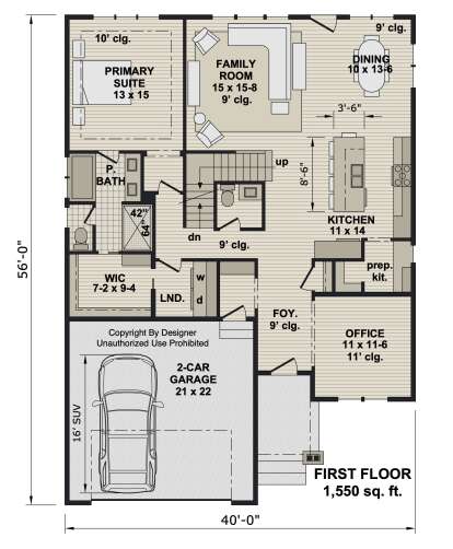 Main floor plan drawing with 1BR, 1.5BA, family room, kitchen, prep kit, office, WIC, Ldry, 2-car garage, and stairs. House Plan # 098-00725