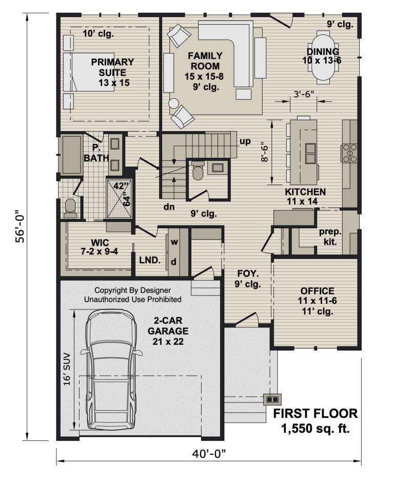 Main floor plan drawing with 1BR, 1.5BA, family room, kitchen, prep kit, office, WIC, Ldry, 2-car garage, and stairs. House Plan # 098-00725