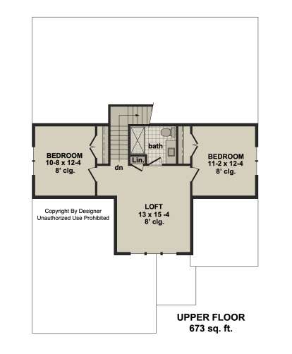 Upper-floor plan drawing with 2BR, 1BA, loft, linen closet, and stairs. House Plan # 098-00725