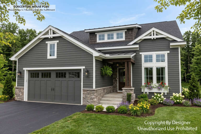 Angled front view of a grey house in Craftsman style, stone accents, gabled roof, covered porch, and lush landscaping. House Plan # 098-00726