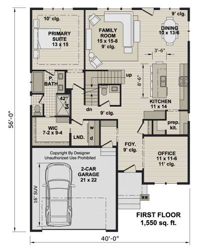 First-floor plan drawing with 1BR, 1.5BA, kitchen, prep kit, family room, dining, office, WIC, Ldry, 2-car garage, stairs. House Plan # 098-00726