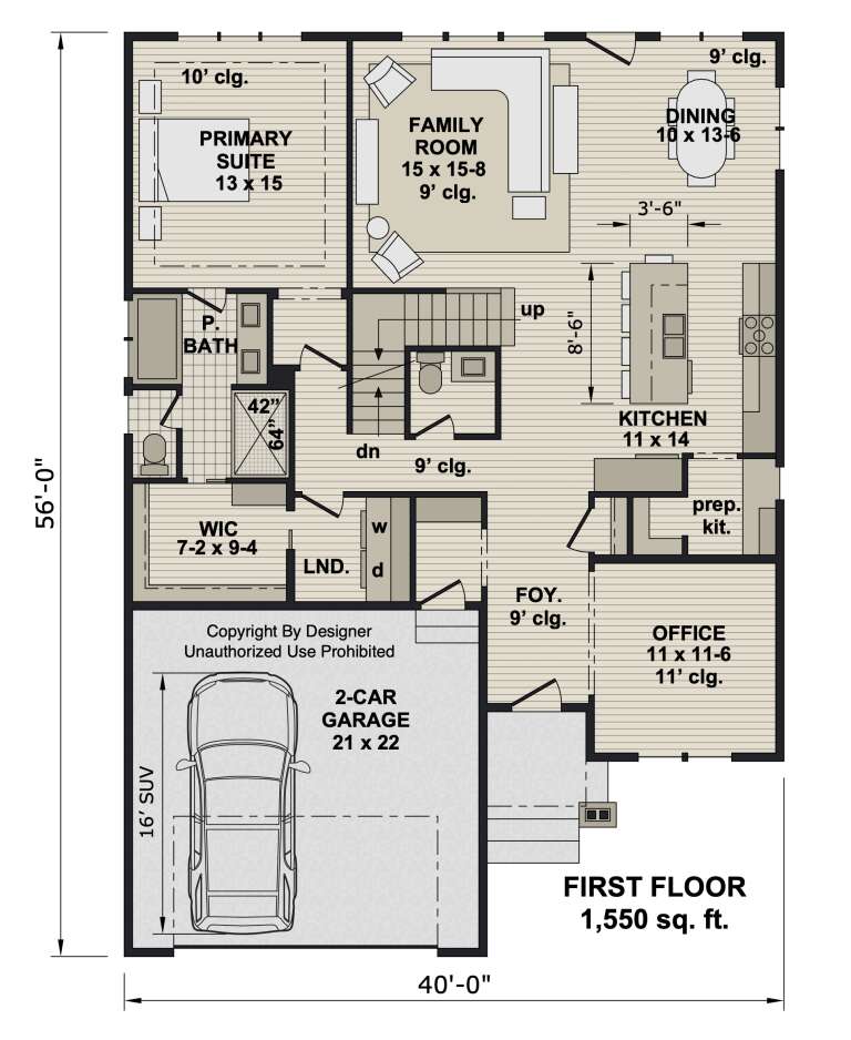 First-floor plan drawing with 1BR, 1.5BA, kitchen, prep kit, family room, dining, office, WIC, Ldry, 2-car garage, stairs. House Plan # 098-00726