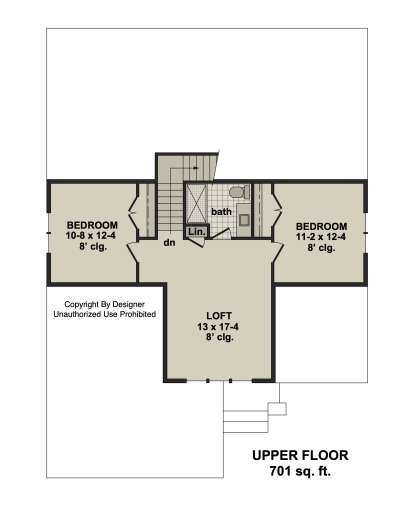 Upper-floor plan drawing with 2BR, 1BA, loft, linen closet, and stairs. House Plan # 098-00726