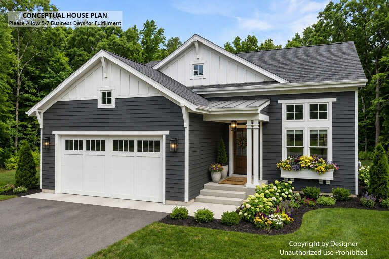 Angled front view of a grey house in Modern Farmhouse style, white gables, white garage, and vibrant flower boxes. House Plan # 098-00727