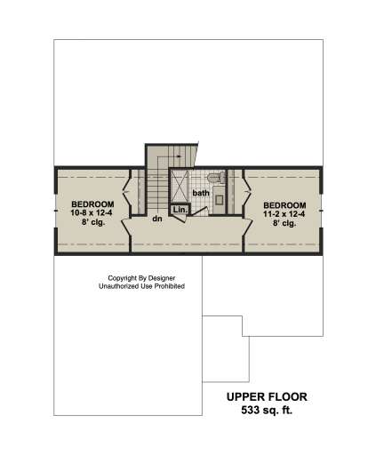 Upper-floor plan drawing with 2BR, 1BA, linen closet, stairs, and 8' ceilings. House Plan # 098-00727