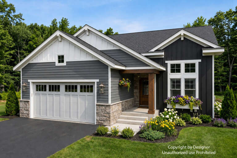 Angled front view of a gray and black Craftsman house, stone base, wood post, gabled roof, and vibrant flower boxes. House Plan # 098-00728