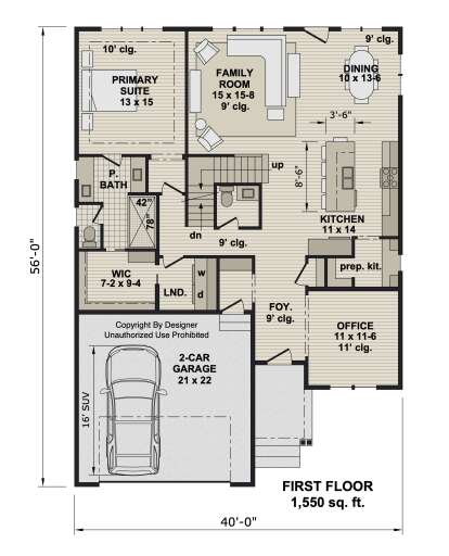 First-floor plan drawing with 1BR, 1.5BA, kitchen, prep kit, family room, dining, office, WIC, Ldry, 2-car garage, stairs. House Plan # 098-00728