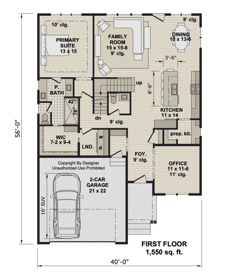First-floor plan drawing with 1BR, 1.5BA, kitchen, prep kit, family room, dining, office, WIC, Ldry, 2-car garage, stairs. House Plan # 098-00728