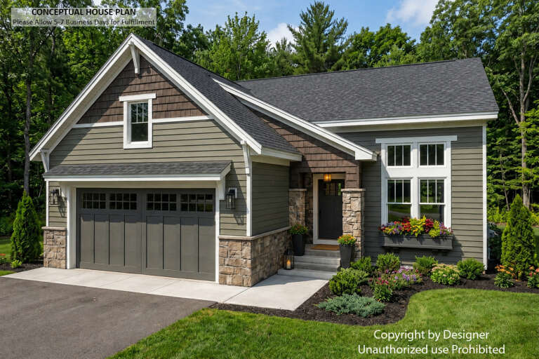 Angled front view of a green Craftsman house, stone accents, shake siding, gabled roof, and colorful flower boxes. House Plan # 098-00729