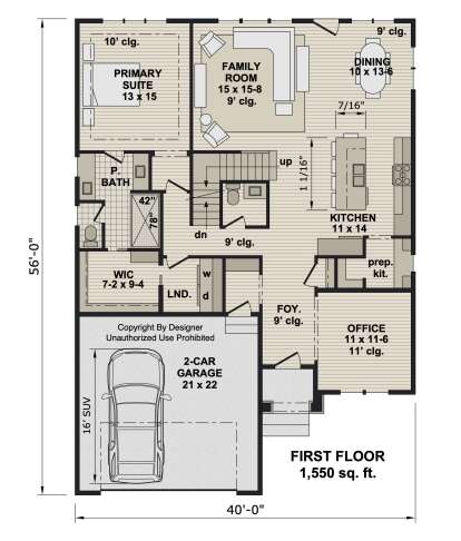 First-floor plan drawing with 1BR, 1.5BA, family room, kitchen, prep kit, office, WIC, Ldry, 2-car garage, and stairs. House Plan # 098-00729