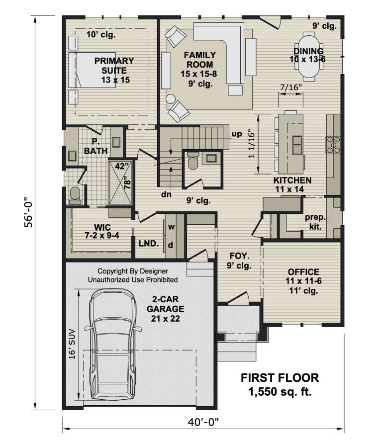 First-floor plan drawing with 1BR, 1.5BA, family room, kitchen, prep kit, office, WIC, Ldry, 2-car garage, and stairs. House Plan # 098-00729