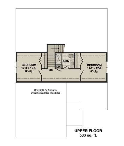 Upper-floor plan drawing with 2BR, 1BA, linen closet, and stairs, 8' ceilings. House Plan # 098-00729