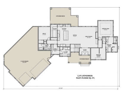 Main floor plan drawing with 2BR, 2BA, kitchen, great room, pantry, mudroom, Ldry, 3-car garage, covered deck, and porch. House Plan # 7140-00053