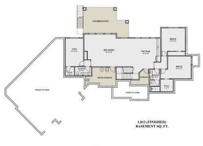 Basement floor plan drawing with 2BR, 2BA, rec room, wet bar, gym, WIC, storage, mech room, and covered patio. House Plan # 7140-00053