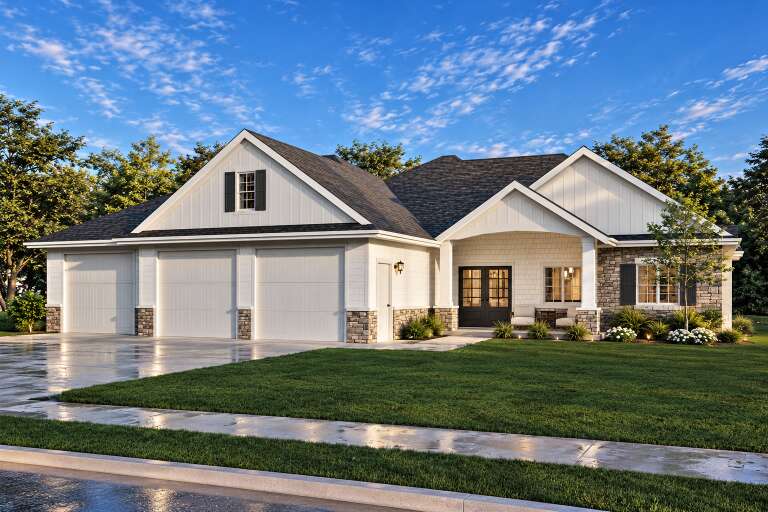 Angled front view of a white house in Modern Farmhouse style, stone accents, triple garage, and covered entry porch. House Plan # 7140-00054