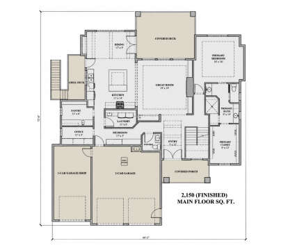 Main floor plan drawing with 1BR, 1.5BA, kitchen, great room, office, pantry, Ldry, 3-car garage, covered deck, and porch. House Plan # 7140-00054