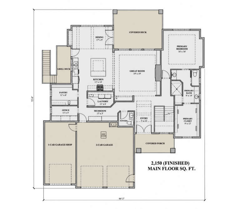 Main floor plan drawing with 1BR, 1.5BA, kitchen, great room, office, pantry, Ldry, 3-car garage, covered deck, and porch. House Plan # 7140-00054