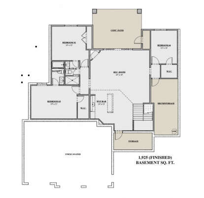 Basement floor plan drawing with 2BR, 2BA, rec room, wet bar, WIC, stairs, mech/storage, and concrete patio. House Plan # 7140-00054