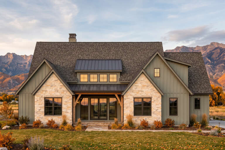 Front view of a sage green house, stone facade, metal roof accents, gabled rooflines, and mountain backdrop. House Plan # 7983-00218