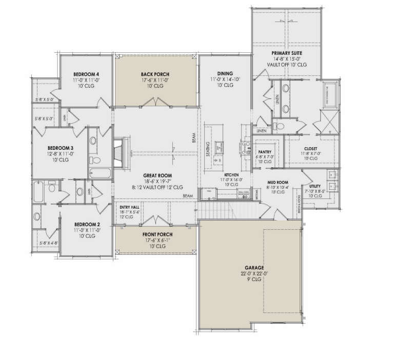 Main floor plan drawing with 4BR, 3BA, great room, kitchen, pantry, mudroom, laundry, 2-car garage, porches, and vaults. House Plan # 7983-00218