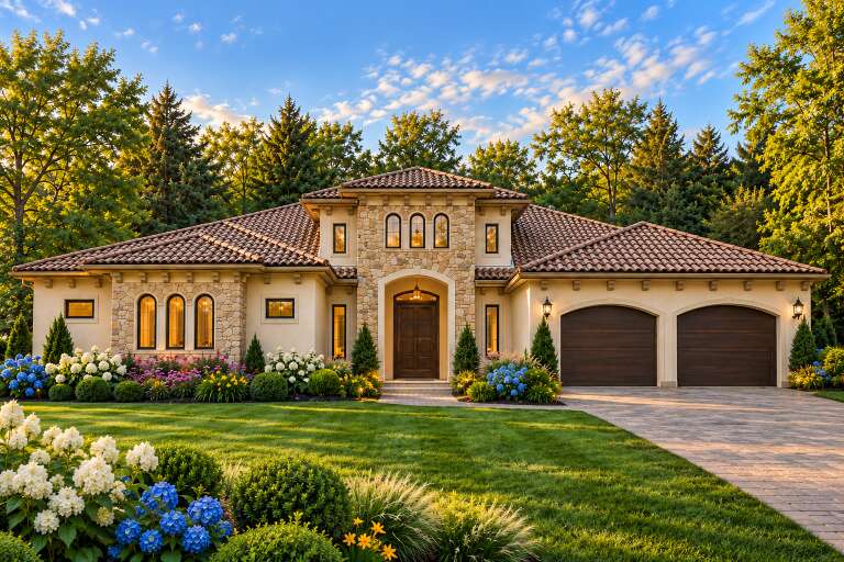Front view of a beige Mediterranean house, stone accents, tile roof, arched windows, double garage, and lush landscaping. House Plan # 8768-00273