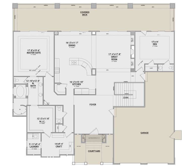 Main floor plan drawing with master suite, den, great room, kitchen, dining, craft room, Ldry, WIC, garage, and deck. House Plan # 8768-00273