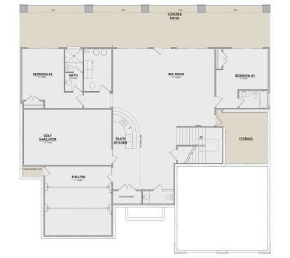 Basement floor plan drawing with 2BR, 2BA, rec room, golf simulator, theater, snack kitchen, storage, and covered patio. House Plan # 8768-00273