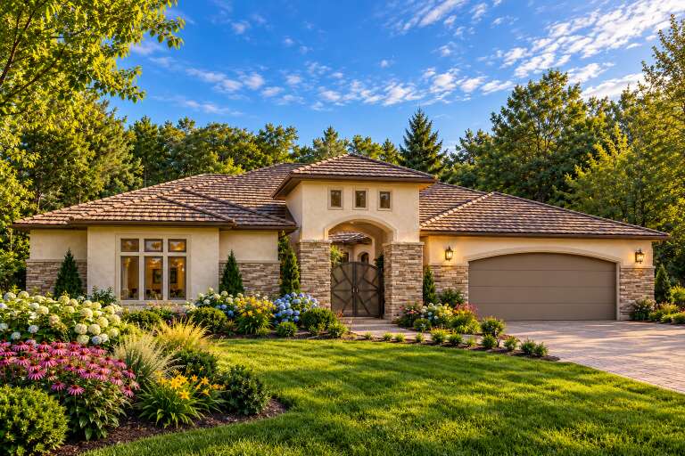 Front view of a beige house, stone accents, tile roof, arched gated entry, two-car garage, and lush flower gardens. House Plan # 8768-00274