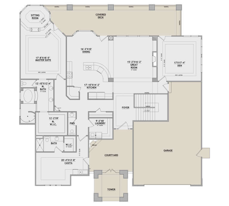 Main floor plan drawing with 2BR, 2.5BA, kitchen, great room, den, casita, WIC, Ldry, garage, courtyard, and covered deck. House Plan # 8768-00274