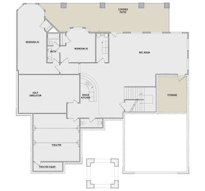 Basement floor plan drawing with 2BR, 1BA, rec room, snack kitchen, golf simulator, theater, storage, stairs, covered patio. House Plan # 8768-00274