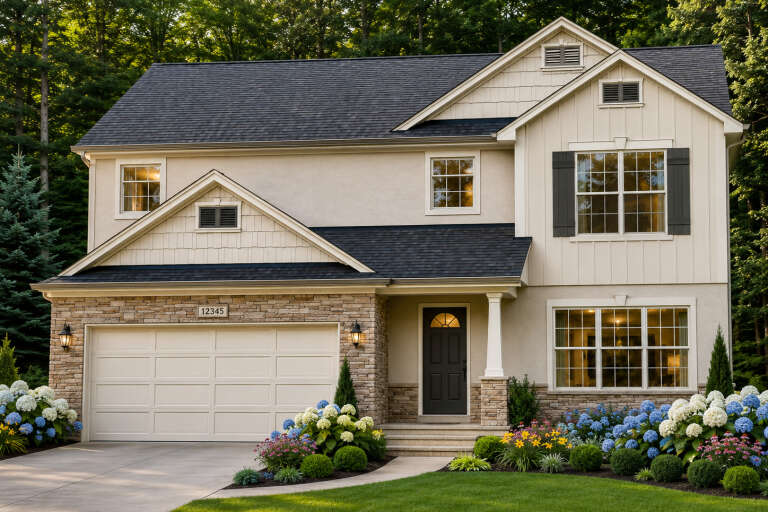 Front view of a beige Traditional house, stone veneer, board-and-batten siding, dark shutters, and lush landscaping. House Plan # 8768-00275