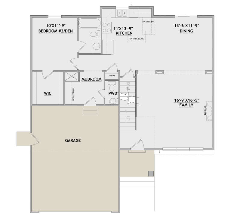 Main floor plan drawing with 1BR/den, 1.5BA, kitchen, dining, family room, WIC, mudroom, pantry, stairs, and garage. House Plan # 8768-00275
