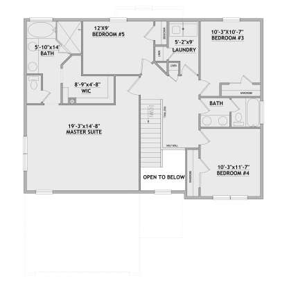 Second-floor plan drawing with 3BR, 2BA, Master Suite, WIC, Ldry, stairs, and open-to-below area. House Plan # 8768-00275