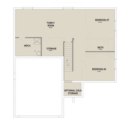 Basement floor plan drawing with 2 future BR, 1 future BA, family room, storage, mech room, stairs, and cold storage. House Plan # 8768-00275