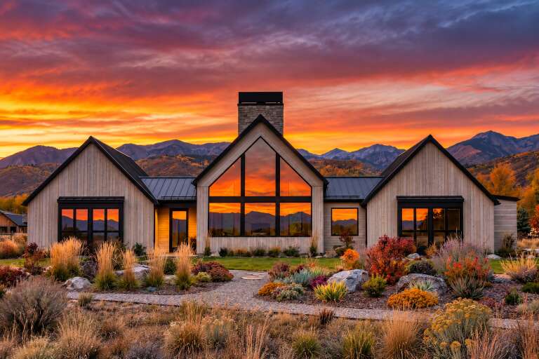 Front view of a light wood house in Modern Transitional style, metal roof, stone chimney, and large glass windows. House Plan # 7983-00219