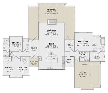 Main floor plan drawing with 4BR, 3BA, great room, office, pantry, utility, 2-car garage, vaulted ceilings, and porches. House Plan # 7983-00219