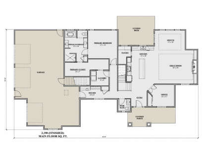 Main floor plan drawing with 1BR, 1.5BA, office, great room, kitchen, pantry, Ldry, mud room, WIC, 3-car garage, deck, porch. House Plan # 7140-00055