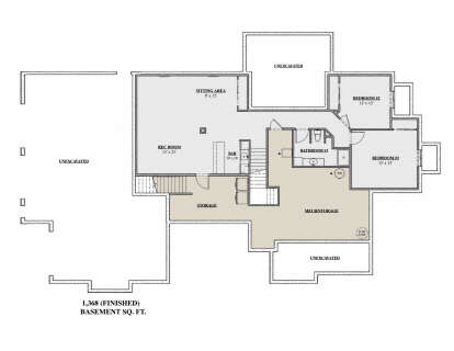 Basement floor plan drawing with 2BR, 1BA, rec room, bar, sitting area, storage, mech room, and unexcavated areas. House Plan # 7140-00055