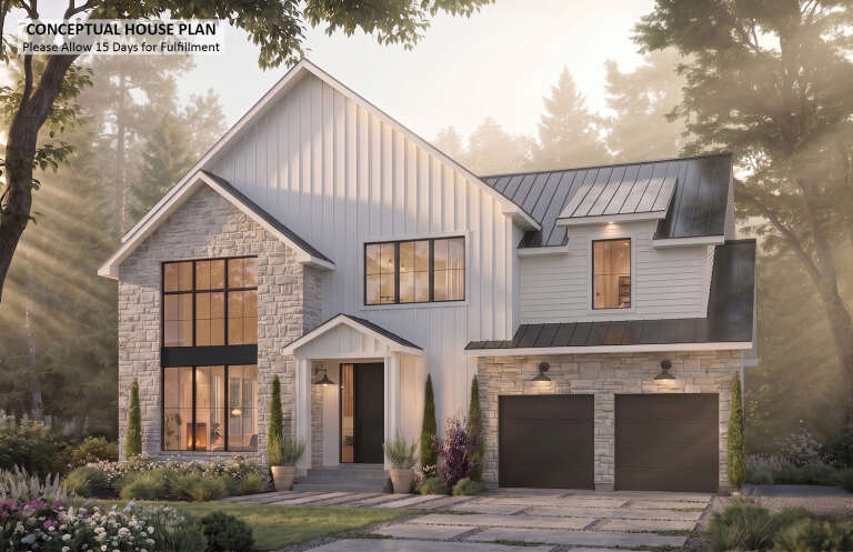 Front view of a white house in Modern Transitional style, stone siding, metal roof, black windows, and two-car garage. House Plan # 034-01454