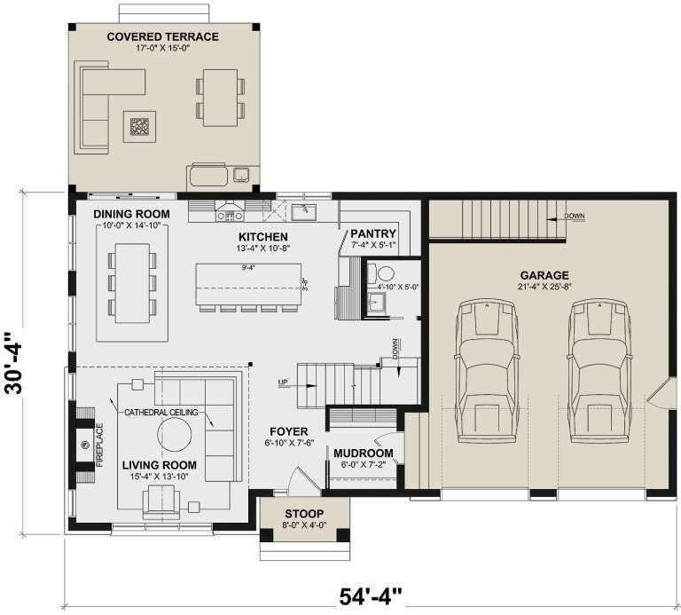 Main floor plan drawing with living room, cathedral ceiling, fireplace, kitchen, pantry, mudroom, 2-car garage, and terrace. House Plan # 034-01454