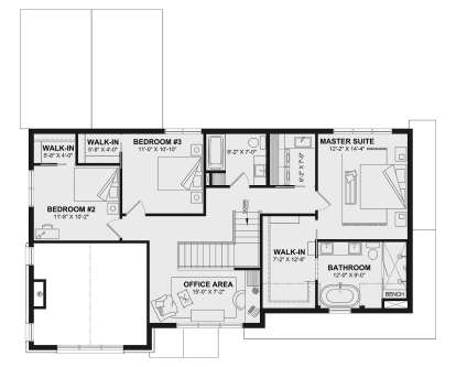 Second floor plan drawing with 3BR, 2BA, office area, 3 WICs, and stairs. House Plan # 034-01454