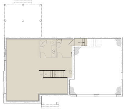Basement floor plan drawing with 1BA, large open area, stairs, and covered patio. House Plan # 034-01454