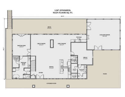 Main floor plan drawing with 2BR, 2.5BA, great room, kitchen, pantry, wet bar, 3-seasons room, deck, and covered patio. House Plan # 7140-00056