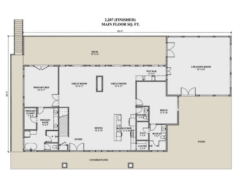 Main floor plan drawing with 2BR, 2.5BA, great room, kitchen, pantry, wet bar, 3-seasons room, deck, and covered patio. House Plan # 7140-00056
