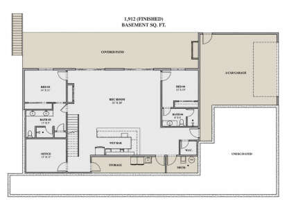 Basement floor plan drawing with 2BR, 1BA, rec room, wet bar, office, WIC, storage, 2-car garage, and covered patio. House Plan # 7140-00056