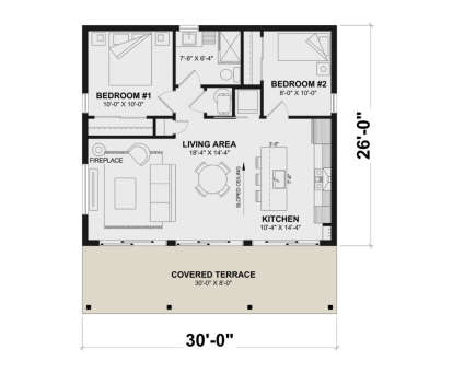 Floor plan drawing with 2BR, 1BA, open kitchen, living area, fireplace, sloped ceiling, and covered terrace. House Plan # 034-01455