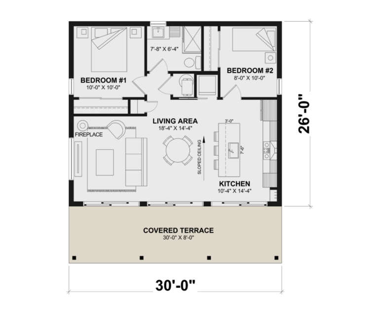 Floor plan drawing with 2BR, 1BA, open kitchen, living area, fireplace, sloped ceiling, and covered terrace. House Plan # 034-01455