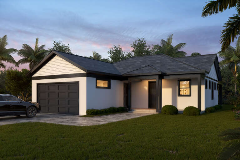 Angled front view of a white house in Traditional style, dark trim, attached garage, covered porch, and palm trees. House Plan # 5565-00188
