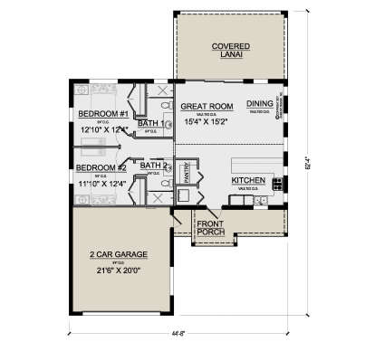 Main floor plan drawing with 2BR, 2BA, vaulted kitchen/great room, pantry, 2-car garage, front porch, and covered lanai. House Plan # 5565-00188
